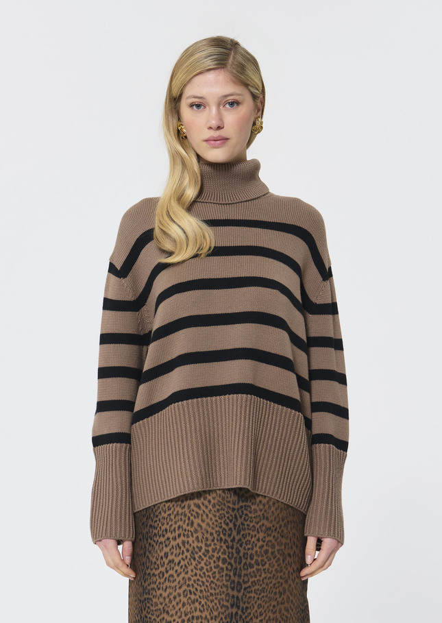 Pacome Sweater beige with black stripes in wool Taupe color TARA JARMON