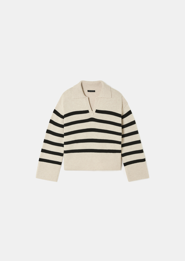 Paola sweater ecru with black stripes in wool Off-white TARA JARMON