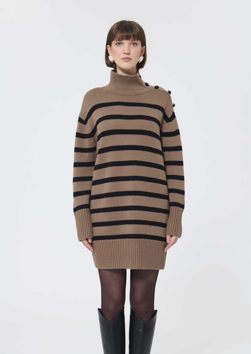 Roccio sweater dress beige with black stripes in wool Taupe color TARA JARMON