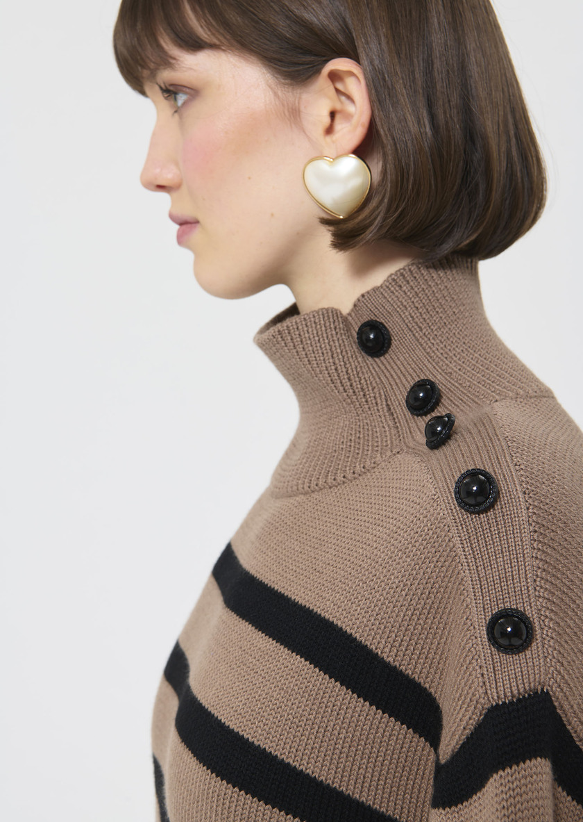 Roccio sweater dress beige with black stripes in wool Taupe color TARA JARMON