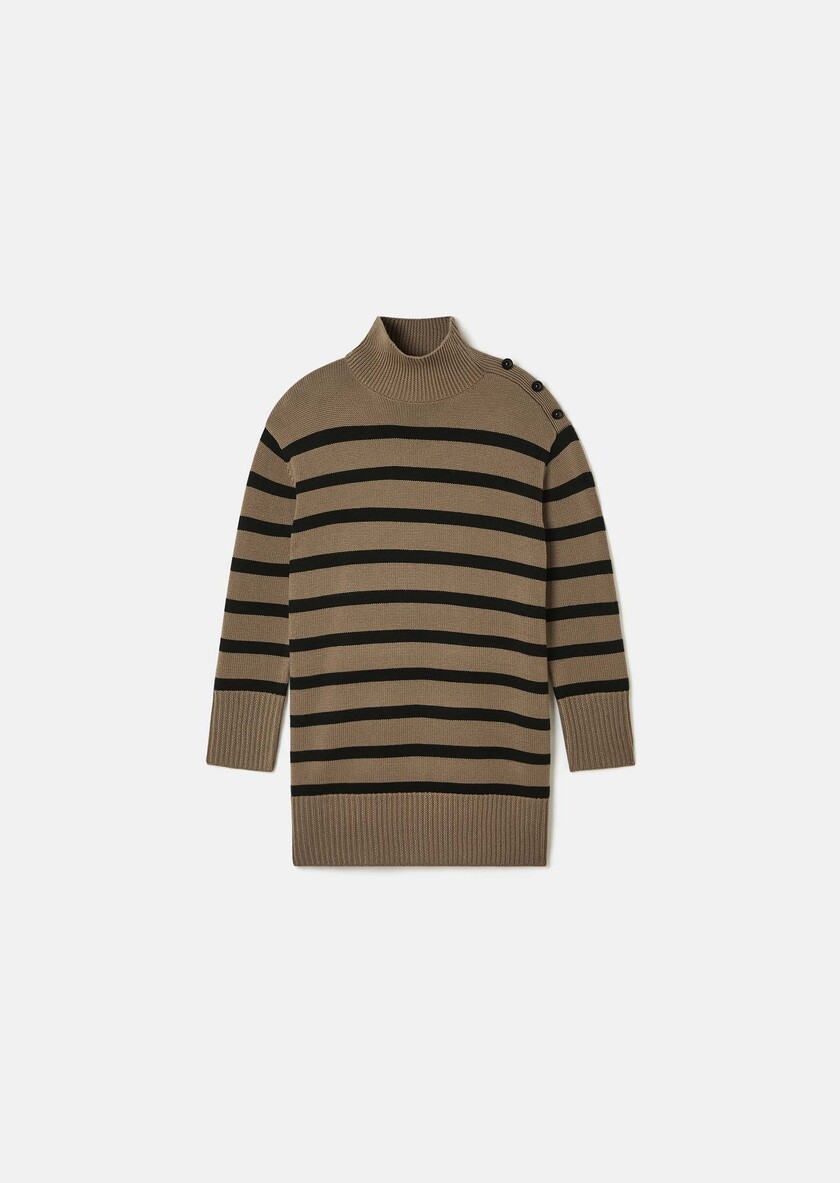 Roccio sweater dress beige with black stripes in wool Taupe color TARA JARMON