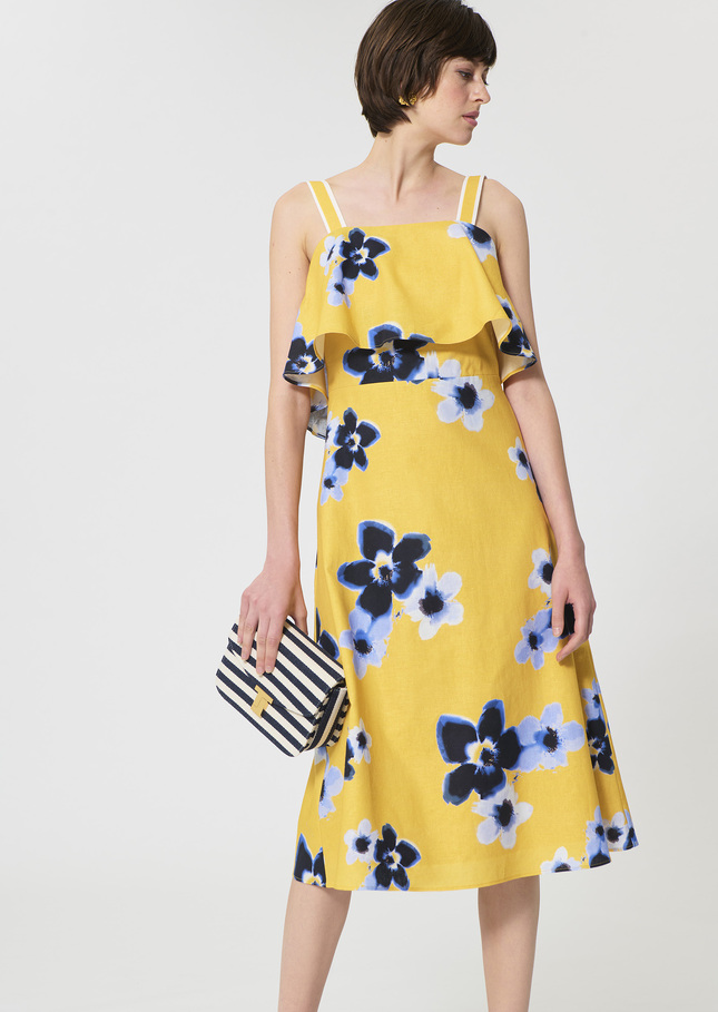 Rosace Dress yellow floral print linen and cotton Mimosa TARA JARMON