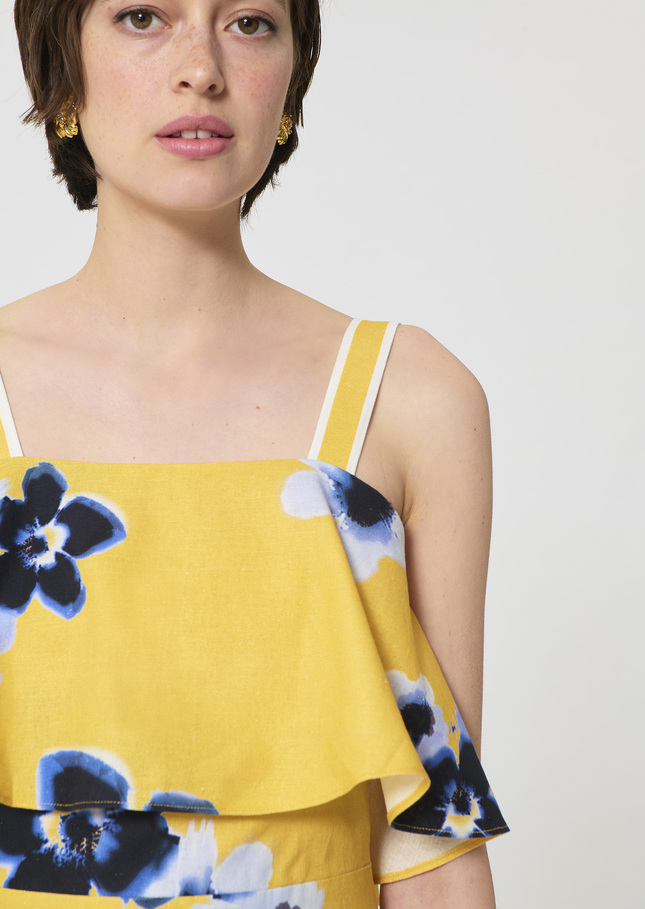 Rosace Dress yellow floral print linen and cotton Mimosa TARA JARMON