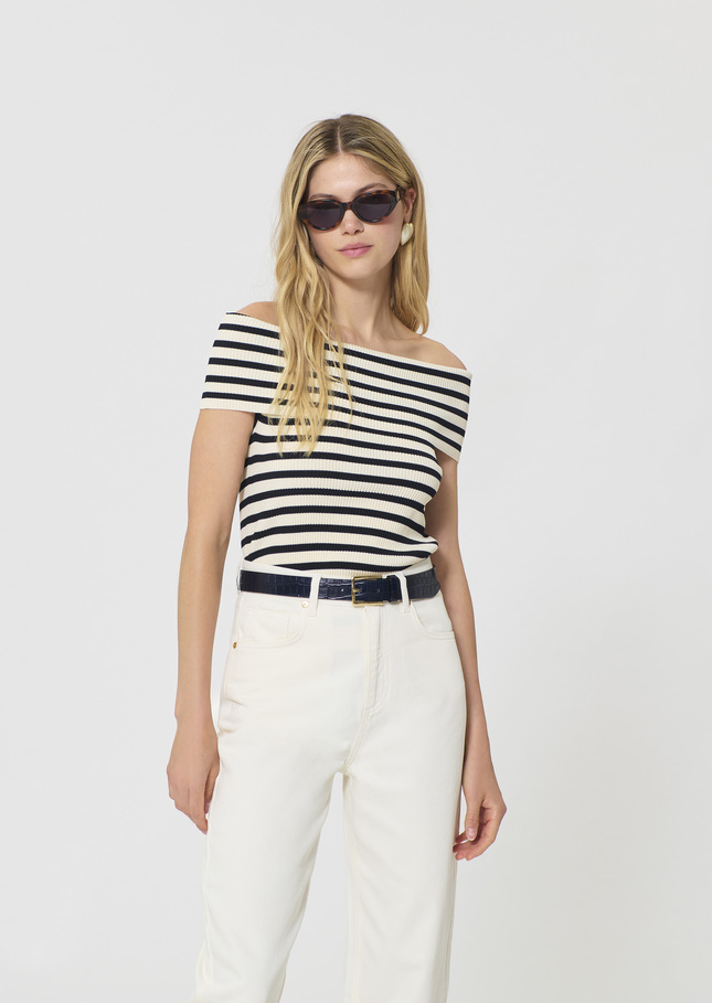 Twist T-shirt navy blue with ribbed knit stripes Night TARA JARMON