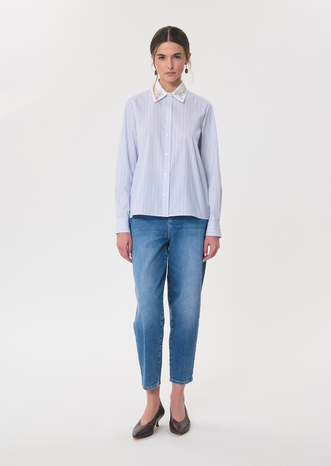 Carmen shirt sky blue and white striped White TARA JARMON